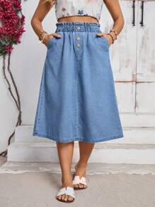 SHEIN Clasi Plus Size Summer Casual Button Decor Elastic Waist Denim A-Line Skirt - Blue - View 1