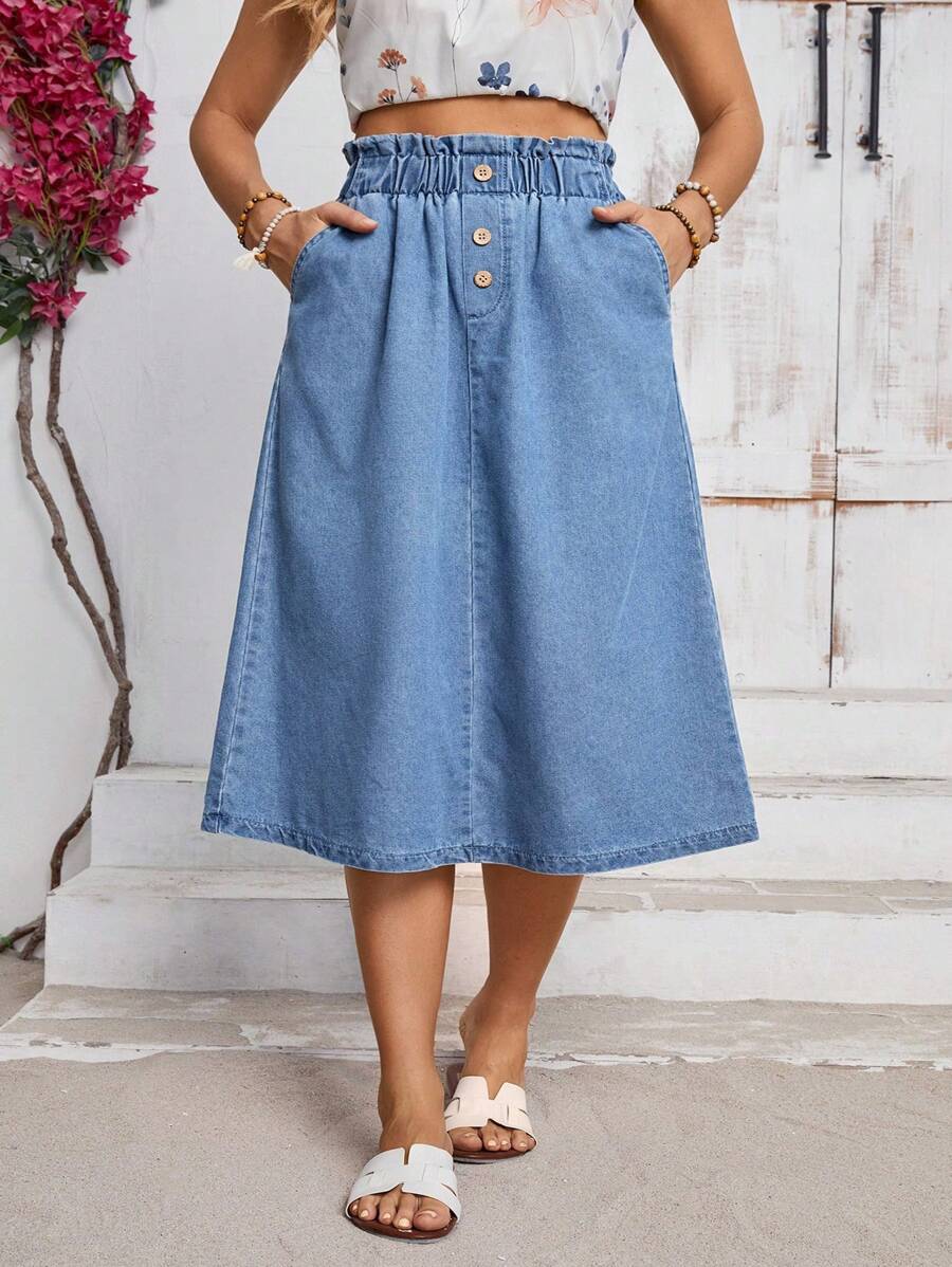 SHEIN Clasi Plus Size Summer Casual Button Decor Elastic Waist Denim A-Line Skirt - Blue - View 1