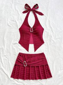 Soleia 女士两件套，纹理 V 领露背短款上衣和低腰金属扣饰边半身裙，适合派对、约会、下午茶、波西米亚风、波西米亚风、浪漫花卉、度假装女士半身裙套装红色半身裙套装