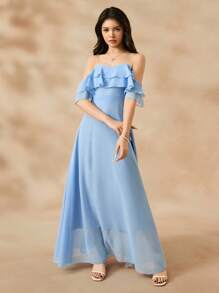 SHEIN Elegant Wedding Flower Girl Dress, Chiffon Ball Gown Dress For Teens, Middle-Large Children, Girls Formal Party Dress, Navy Blue - Blue - View 3