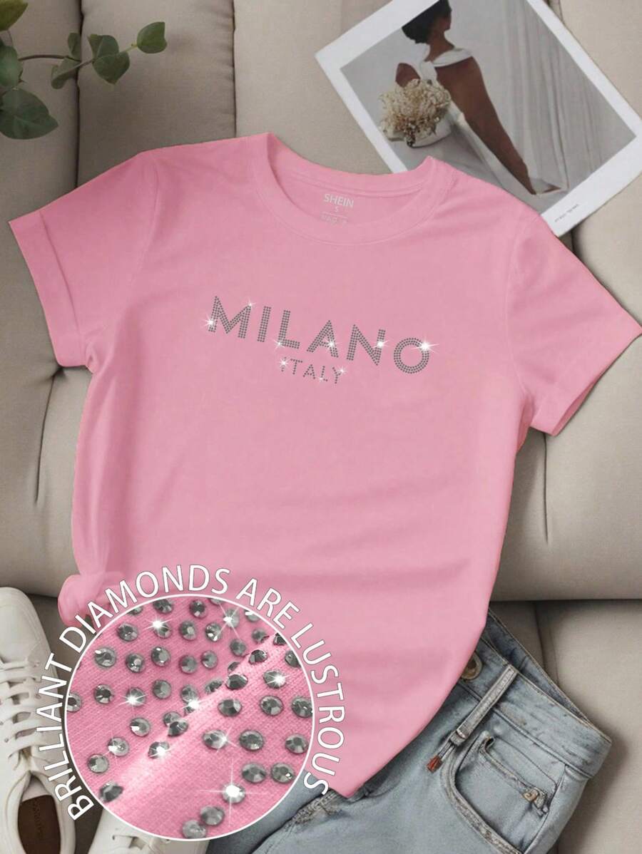 SHEIN Unity 女款 MILANO ITALY 字母印花 T 恤短袖休闲上衣 MILAN ITALY 图案 T 恤女款上衣