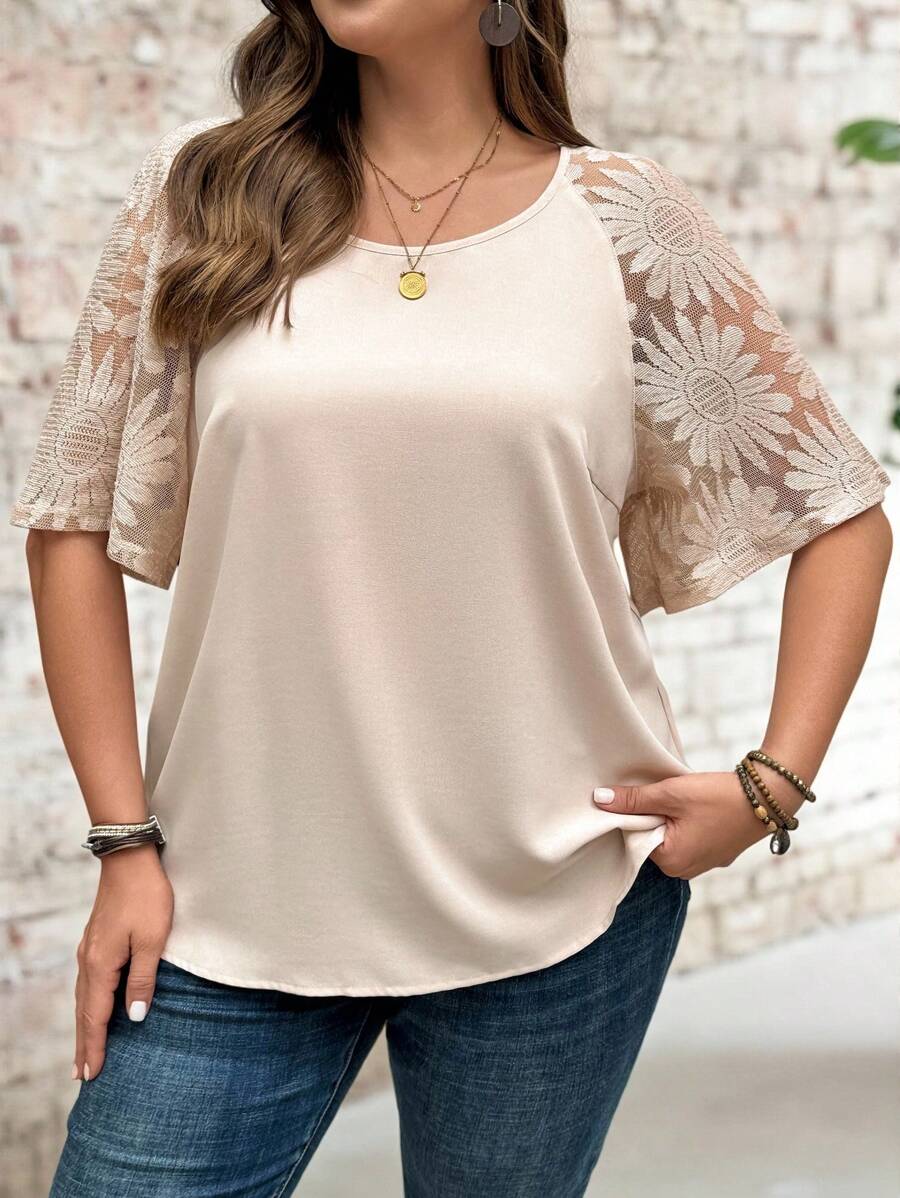 EMERY ROSE Plus Size Summer Vacation Casual Solid Color Jacquard Panel Shirt,Country Casual Vacation Outfits Woman,Simple And Fashionable For Everyday Wear,Summer Tops Women,Summer Outfits For Women,European Summer, Plus Size Lace Tops,Gifts For Mother,Bohemian Clothes,Springbreak,Rave Outfits,Flower - Apricot - View 1
