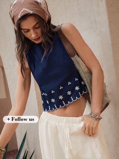 Wildy Blusa sin mangas de estilo campestre occidental estadounidense de verano con cuello redondo, bordada en azul, para mujer, estilo bohemio, ideal para el Día de la Madre y vacaciones, top azul marino básico de estilo boho