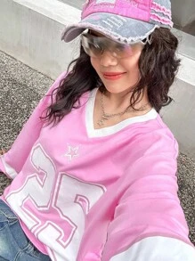 SHEIN Teen Girl's Pink Ribbed Collar Number & English Letter Print Loose Casual Sweatshirt, College Style Oversized Sweatshirt, Back To School Season - Pink - View 4