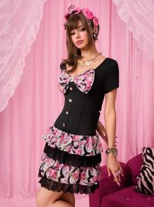 ROMWE J-Fashion 女士花卉印花蝴蝶结装饰短袖中长休闲连衣裙 - 黑色 - 查看 4