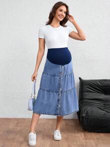 SHEIN Adjustable Waist Single-Breasted Casual Denim Skirt For Pregnant Women - Dark Wash - View 4