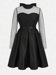 Tween Girls Elegant Black Sequin & Mesh Splice Long Sleeve Dress Black Dress With Sleeves Cocktail Dress Mesh Dress Black Cocktail Dress Dress With Sheer Sleeves Halloween Dress Christmas Dress Birthday Dress Fall Winter - Black - View 7