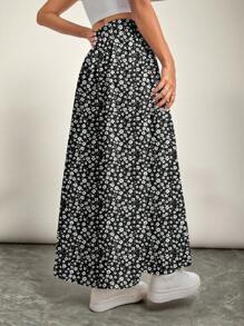 SHEIN VCAY Jupe casual à taille élastique avec fente à l'ourlet, motif floral noir et blanc, adapté pour le printemps et l'automne, pour grandes tailles