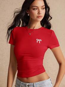 Poéselle Women's Solid Color Round Neck Short Sleeve Bow Embroidery Casual T-Shirt - Red - View 2
