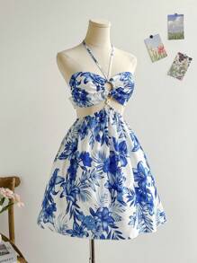 Soleia 女士热带植物印花露背性感迷你连衣裙