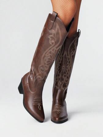 Fairycore Women's 2025 Spring/Autumn New Mori Style Coffee Brown Embroidered Western Boots, Leather Outdoor Fashion Slip-On Knee-High Boots