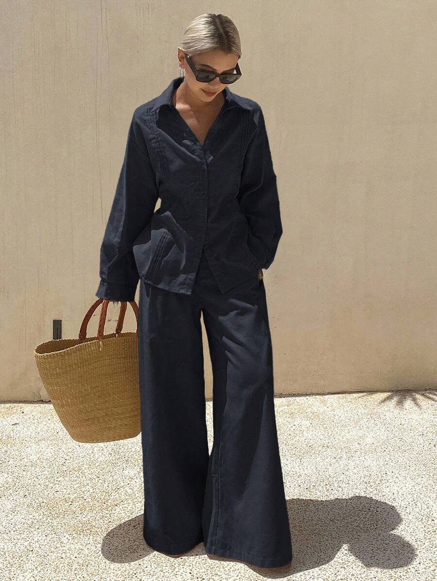 Livesso Bộ đồ mặc nhà mùa hè dành cho nữ, màu trơn, gồm áo sơ mi xếp ly và quần ống rộng, thích hợp cho nữ. - Màu xanh hải quân - Xem 1