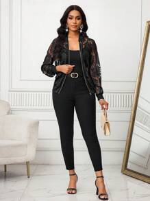 SHEIN Lady Women's Floral Mesh Long Sleeve Zip Front Casual Lightweight Baseball Jacket Lace Jacket Black Lace Jacket Lace Bomber Jacket Black Jacket Women Lace Cover Up