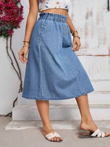 SHEIN Clasi Plus Size Summer Casual Button Decor Elastic Waist Denim A-Line Skirt - Blue - View 3