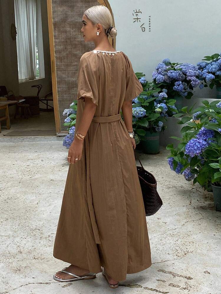 Patchwork Lace Trim Princess Sleeve V-Neck Dress With Belt, Casual Vacation Dress For Women, Autumn,Teacher Outfits Maxi Dress