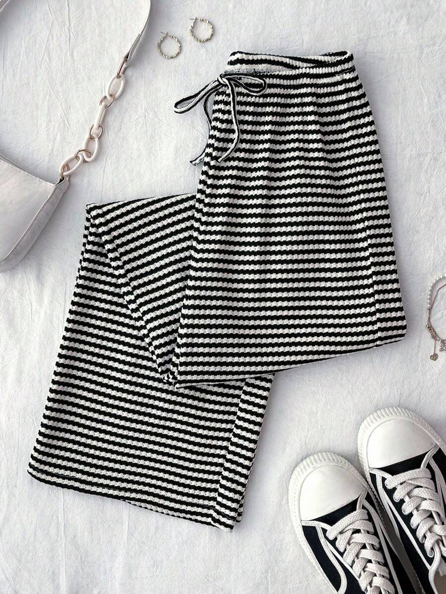 Teen Girls' Rib-Knit Striped Drawstring Waist Slim Fit Casual Pants Fall Winter - Black and White - View 1