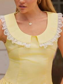 WESTFADE 100% Cotton & Floral Lace Collared Scoop Neck Sleeveless Drop Waist Ruffle Mini Dress,Pale Yellow Summer Cute Picnic Boho Nashville Country Outfit - Yellow - View 2