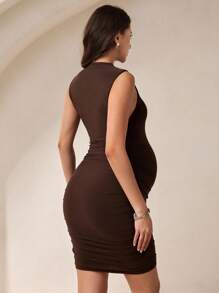 MaterniWear Umstandsmode Sommer Einfarbiges Kleid mit Stehkragen, Rüschen an der Taille, figurbetonter Lässig Bodycon Stil