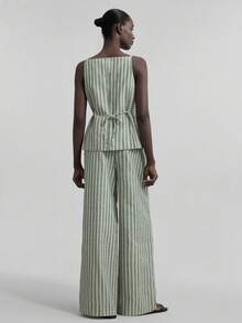 Ontre Conjunto de 2 piezas de pantalones a rayas de lino y camiseta para mujer, atuendo casual de negocios, adecuado para salidas, playa, vacaciones, festivales de música, estilo bohemio, otoño