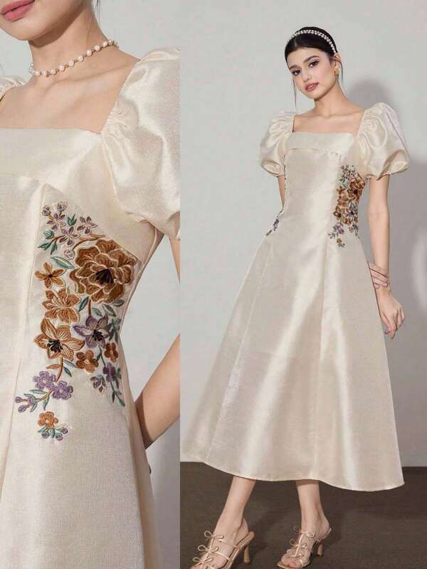 Poshira فستان أنيق متوسط الطول مع أكمام منتفخة قصيرة وياقة مربعة مطرز بالزهور للنساء