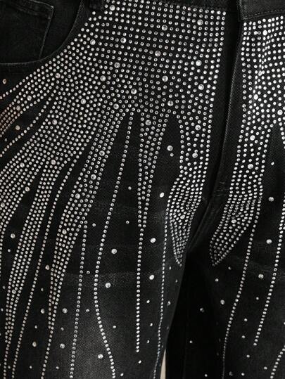 ROMWE Avant Jeans casual à jambe large avec poche décorative de strass, taille grande