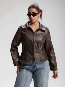LYSMO Plus Size Casual Retro Brown Double Zipper PU Leather Jacket Brown Leather Jacket Women Winter Fall Autumn - Brown - View 6