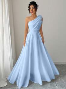 Váy không tay cổ lệch thanh thoát kiểu Pháp cổ điển - Màu xanh lam - Xem 4