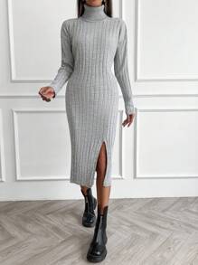EURMUSE Split Hem High Neck Sweater Dress With Drop Shoulder Sleeves, Belt Not Included - Grey - View 4