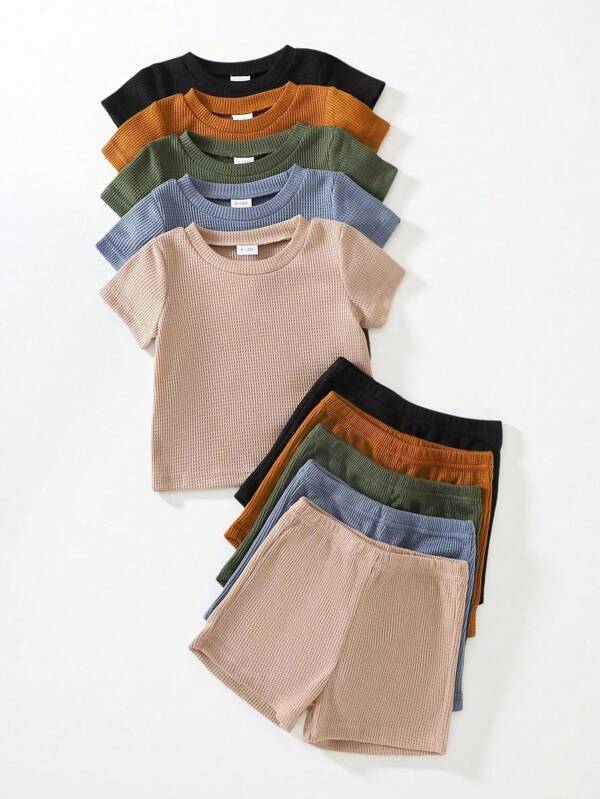 SHEIN Vintaside Kids 5pcs Baby Boy Outfit Set, Including 5 Textured Knit Round Neck Short Sleeve Tops And 5 Elastic Waist Textured Knit Shorts. Top Colors: Khaki, Blue Gray, Army Green, Brown, And Black. Shorts Color Matched With Corresponding Tops. Suitable For Spring/Summer, Outdoor Sports, Casual Outings, 6 Months To 2-3 Years Old Baby Boy Clothing Toddler Sets Summer Kids Cotton Clothes Cotton Toddler Clothes Toddler Boy Clothes Cotton