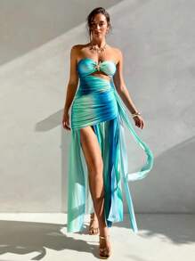 Aloruh Vestido largo con tirantes de espagueti, hebilla metálica y abertura lateral sexy en estilo tie-dye verde para mujer. Vestidos de verano, atuendos para luna de miel, vestidos para invitadas de boda, atuendos para vacaciones en la isla, vestidos de sol, vestidos elegantes para fiestas, vestidos de cumpleaños para mujer.