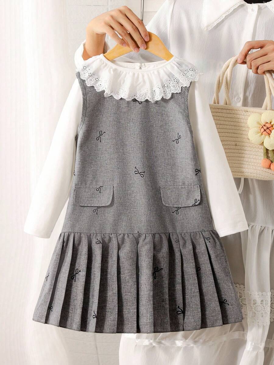 Genkimix Kids 2pcs Young Girl Sweet Cute Solid Color Lace Trim + Bow Print Sleeveless Ruffle Hem Dress, Autumn/Winter Fall - White - View 1