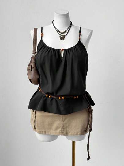 Flirla 大码女式夏季纯色串珠休闲吊带背心