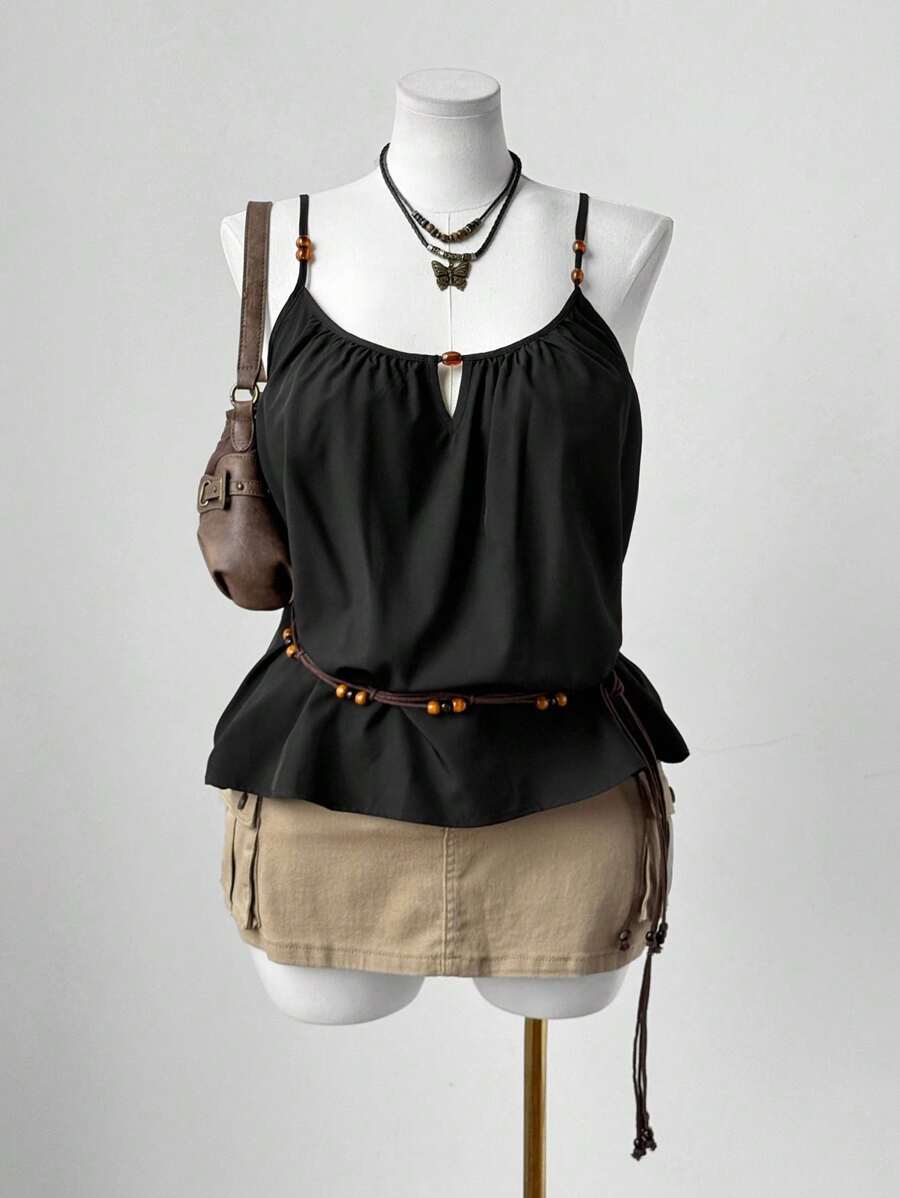 SHEIN MOOSTA Plus Size Women's Summer Solid Color Beaded Connection Casual Camisole - Black - View 1
