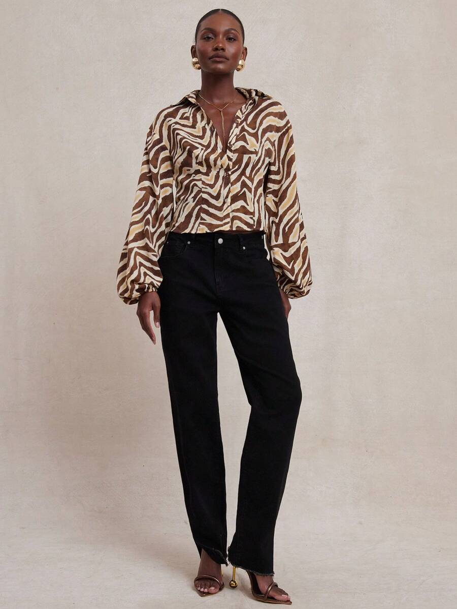 NYA SZN Áo dài tay cổ cài cúc, kiểu dáng trang trọng, kín đáo, họa tiết da báo, thích hợp cho các dịp đặc biệt, đi nghỉ mát, đi nhà thờ, dự tiệc tối, mùa thu đông, phong cách Ibiza, lãng mạn, lễ hội. - màu đen - Xem 1