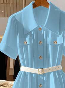 Franclia 法式优雅通勤风纯色领口金属装饰纽扣短袖腰带装饰女式衬衫，适合大学穿着