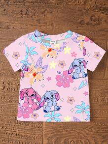 SHEIN 女婴芙蓉兔印花圆领短袖 T 恤和粉色短裤两件套，夏季沙滩装 - 彩色 - 查看 3