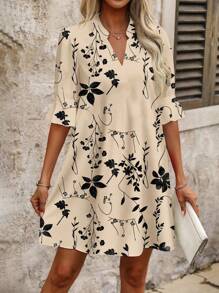 SHEIN Clasi 女士休闲优雅混合碎花半开襟 A 字型 3/4 袖宽松短款连衣裙，适合度假 - 彩色 - 查看 5