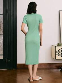 纽扣领休闲简约女式家居连衣裙 - 橄欖綠 - 查看 2