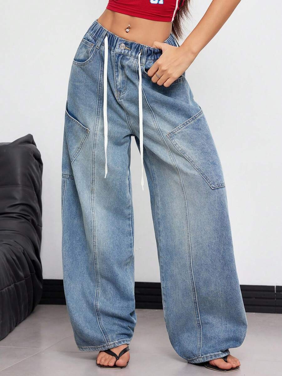 SHEIN EZwear Damen Lässig Alltags abgenutzte Schrägtasche Lose Jeans Hose - Helle Waschung - Übersicht 1