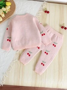 SHEIN Baby Girls Knit Sweater Co-Ord Set, Pink With Cherry Motif, Soft & Comfortable For Casual, Outdoor, Travel, Vacation, Home, Daycare, And Playtime Fall Winter