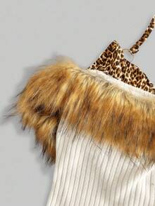 ROMWE J-Fashion Y2K 复古原宿毛茸茸拼接豹纹露背女式短款上衣 - 米色 - 查看 4