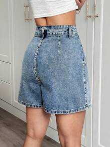 SHEIN Essnce 女式 Y2K 千禧风格修身 A 字型阔腿牛仔短裤 - 藍色 - 查看 2