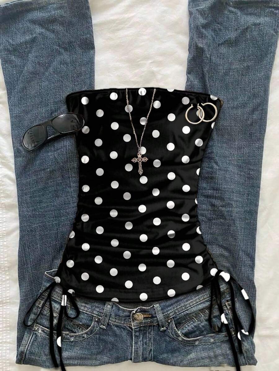 Attitoon Casual Vintage Black & White Polka Dot Full Print Women's Gathered Tie Front Cropped Tube Top , Suitable For Summer, Music Festivals, Pop & Boho Style Goth Suitable For Going Out