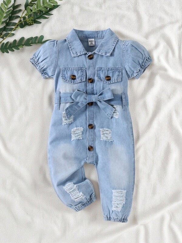 SHEIN Vintaside Kids Baby Girl Puff Sleeve Ripped Belted Denim Jumpsuit