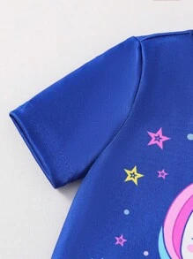 SHEIN 2 件套年轻女孩海军蓝可爱独角兽印花短袖上衣和短裤舒适睡衣套装 - 寶藍色 - 查看 7