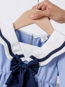 Baby Girl Sailor Collar Long Sleeve Dress With Bow Decor - Baby Blue - View 4