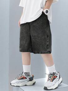 SHEIN 年轻男孩夏季复古休闲贴布宽松牛仔短裤带侧袋，春夏装 - 深灰色 - 查看 3