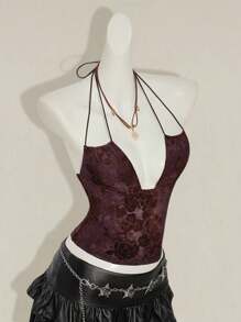 SHEIN ICON Women's Retro Green Flocked Jacquard Deep V-Back Criss-Cross Strap Sexy Backless Tank Top - Burgundy - View 5