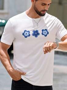 Manfinity VCAY 男士休闲修身针织花卉印花T恤花朵T恤男男士花朵T恤男士T恤花朵衬衫男士夏季T恤 - 白色 - 查看 4