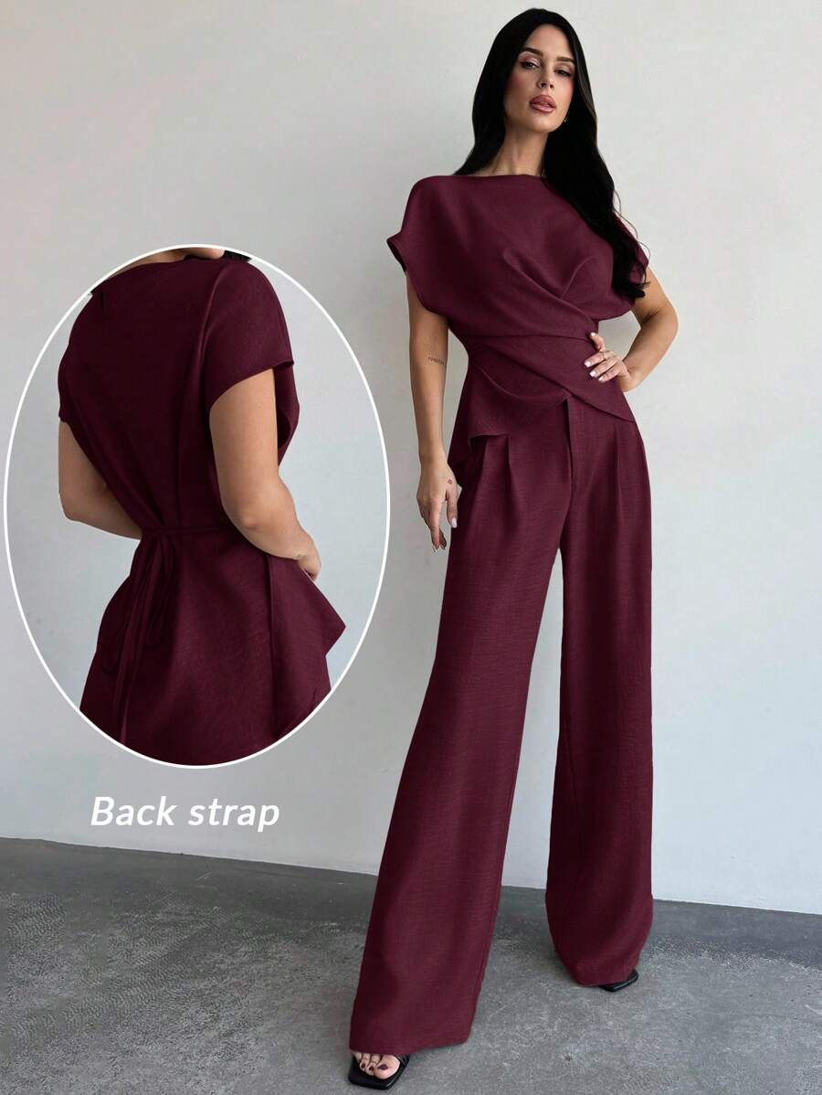 Firerie Women's Elegant Commuter Wrap Bustier Corset Top And Flare Leg Pants - Burgundy - View 1